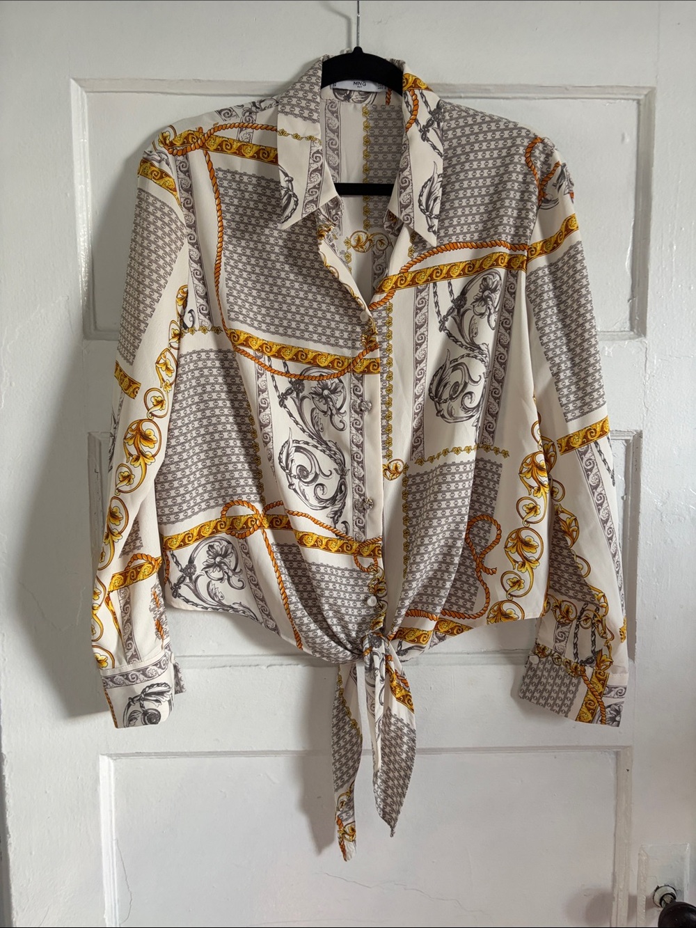 MNG Baroque Print Button-Down Shirt in Cream, Gold & Gray - Picture 2 of 6